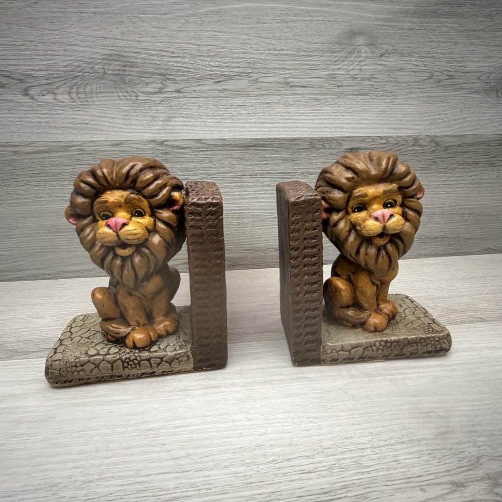 Lion Bookends Nursery Kids Room Safari Jungle Animal Decor Figurine Set Vintage